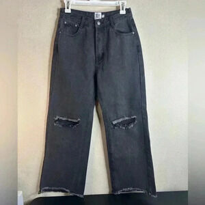 Princess Polly HIgh rise Black Wash Wide Leg Ripped Distressed Jeans Size 4